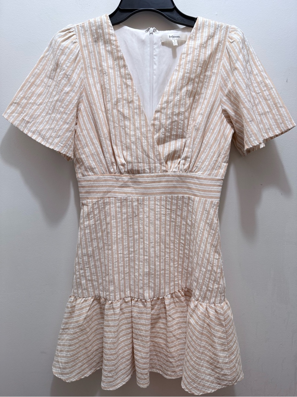 Lalavon Beige-White Striped V-Neck Short Dress